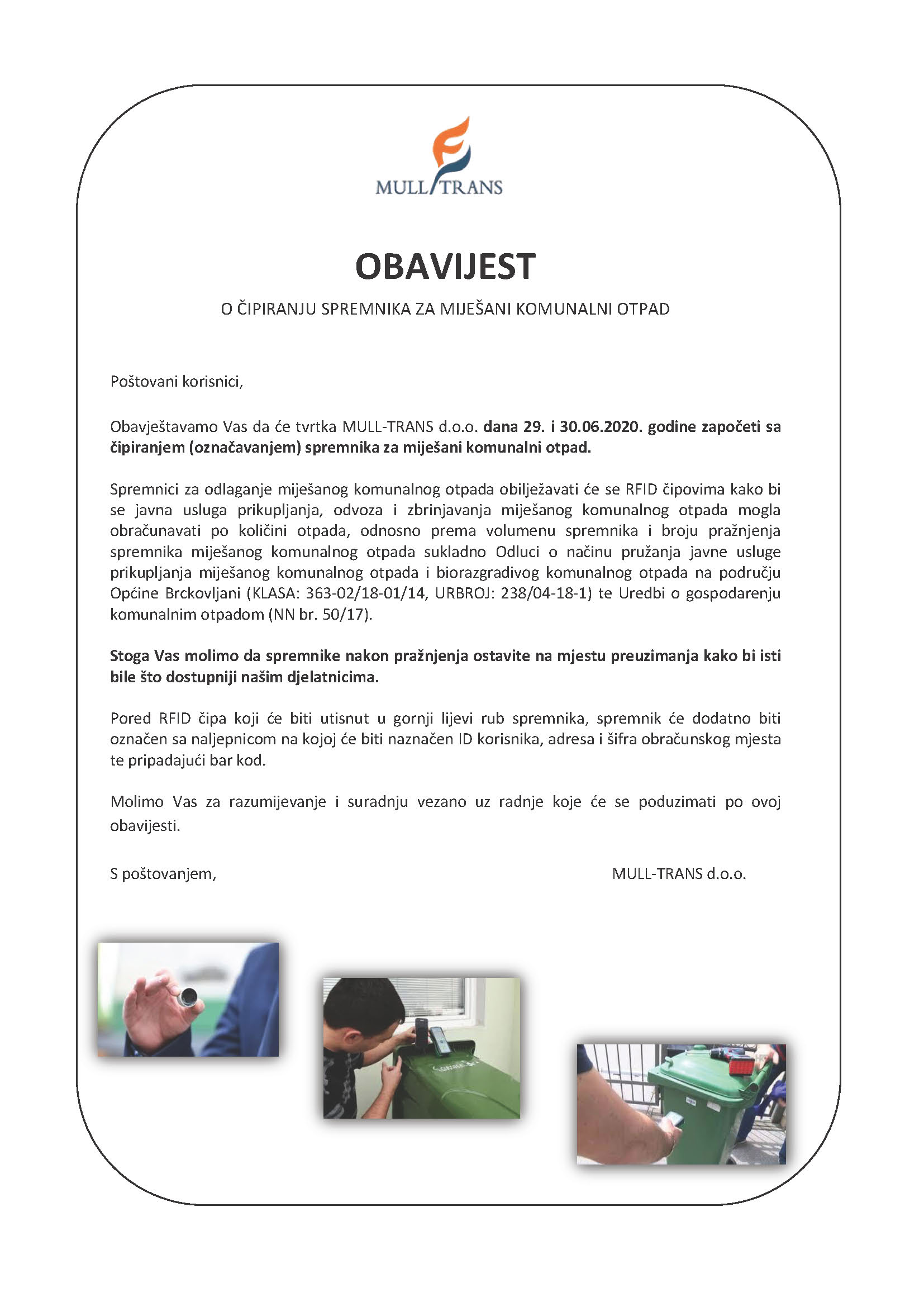 Obavijest o čipiranju spremnika BRCKOVLJANI